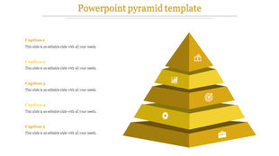 Yellow pyramid PowerPoint template with five levels, each featuring captions and icons for presentation content.