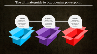 Three colorful open boxes in blue, purple, and red, with white caption boxes above on a dark background.