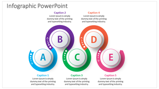 Infographic PowerPoint slide displaying five circular steps labeled A to E with placeholders for text.