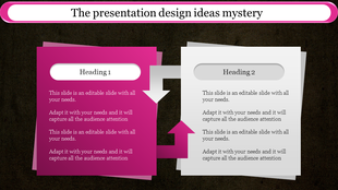 Side-by-side pink and white cards connected by two arrows, symbolizing a process, transition, or comparison of ideas.