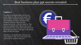 Business plan PowerPoint slide with a suitcase, laptop, and euro sign with captions on a dark background.