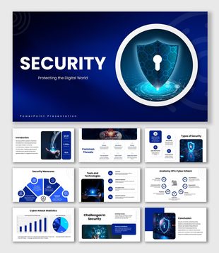 security slides, blue theme, shield lock icon, circular frame, network lines, shapes, icons, and clean structured text boxes.