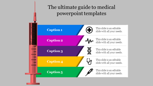 Medical template with a syringe graphic and five horizontal colored segments featuring medical symbols.