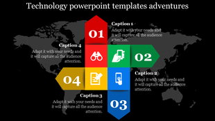 Four colorful arrows in red, green, blue, and yellow), forming a cross, numbered 01 to 04 with captions and icons.