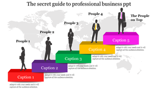 Business slide with ascending steps in red, purple, green, yellow, and pink, showing people silhouettes.