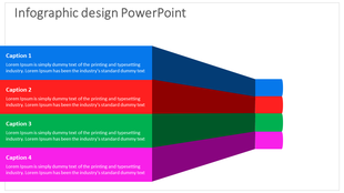 Infographic design PowerPoint with color coded blocks representing different sections blue, red, green, and purple.