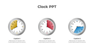 Slide with three clocks showing shaded areas in yellow, red, and blue with captions underneath on a white background.