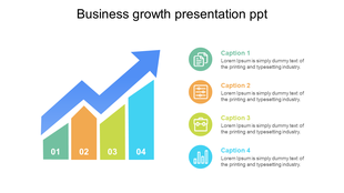 Business growth chart with four colored bars and a blue arrow, alongside circular icons and captions.