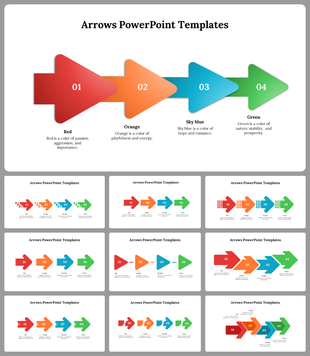 Slide deck with colorful arrows featuring directional designs in red, orange, blue, and green with numbers.