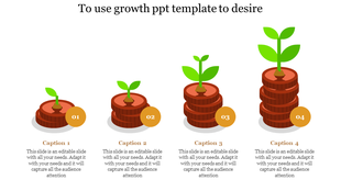 Growth infographic with plants sprouting from stacked coins, showing four stages with captions labeled 01 to 04.