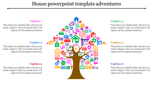 Tree shaped infographic with colorful house related icons, surrounded by six captions in various colors.