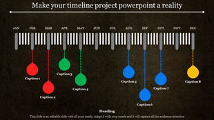 PowerPoint template with a timeline spanning months and eight numbered captions for project events.