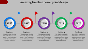 Five circles labeled 2016 to 2020, in blue, red, purple, green, and pink, each with a matching flag, on a gray background.