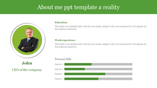 About me PowerPoint template featuring a CEO's photo, with sections for education, work experience, and personal skills.