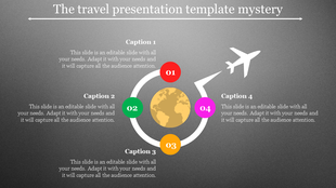 Travel themed slide featuring a circular layout with a globe, four colored steps, and an airplane icon.