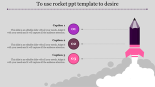 PowerPoint template with a rocket illustration and numbered captions in a colorful layout.