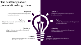 Presentation design ideas slide with a central light bulb icon surrounded by numbered captions on a split background.