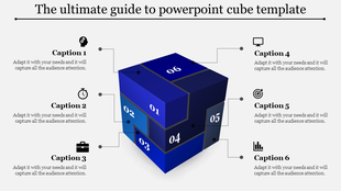 Blue 3D cube at the center with six numbered sides, connected to captions and icons for a clean presentation design.
