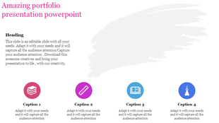 Portfolio slide with four circular icons, representing books, a ruler, a document, and a flask with caption areas.