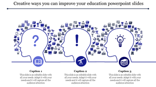 Three blue human head silhouettes filled with educational icons, each marked with a symbol representing learning concepts.