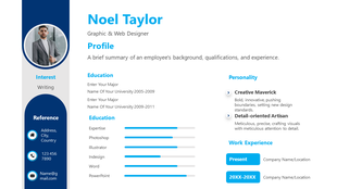 Blue themed resume layout featuring a profile photo, education history, skill bars, and sections for personality.