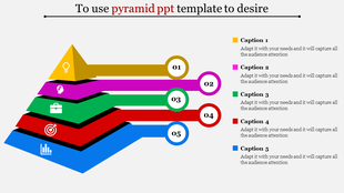 Pyramid PowerPoint template with colorful segments representing different stages, each accompanied by a caption.