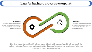 Infinity loop graphic with orange and green sides, featuring icons of a gear and clock, and two caption boxes.