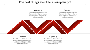 Zigzag red ribbon like layout with four captions placed alternately above and below, on a white background.