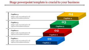 Four ascending 3D steps in blue, red, green, and yellow, labeled 01 to 04 with text on each level.