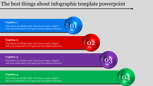 Infographic PowerPoint slide with numbered sections in blue, red, purple, and green, each with captions.