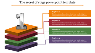 Stacked stage infographic with four colored layers and a metallic number on top, connected to labeled captions on the right.