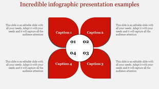 Infographic with four red petal shaped sections surrounding a white circle, labeled 01 to 04, with descriptive text.