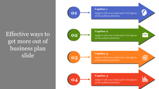 Business plan slide featuring four arrows pointing to different sections, each with a caption.