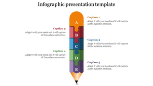 Pencil shaped infographic with five colorful puzzle pieces labeled A to E, each linked to captions on both sides.