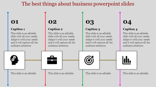 Business slide with four sections, each showing an icon, and placeholder text areas, connected by colored vertical lines.