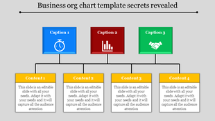 Company hierarchy infographic with three caption boxes connected by lines to four yellow with placeholder text areas.