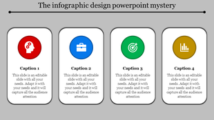 Four vertical cards with rounded edges, featuring colorful icons in red, blue, green, and yellow, with captions below.