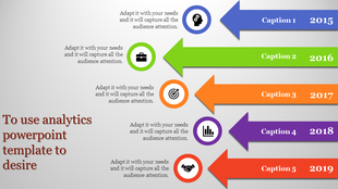 Colorful horizontal arrows in blue, green, orange, purple, and red pointing left, aligned with circular icons and captions.