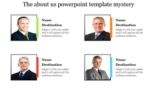 About us slide with four profile photos, each framed by colored bars in green, orange, red, and blue, with name placeholders.