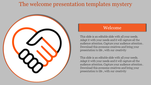 Welcome template with a large handshake icon on the left and two identical text areas under an orange header.