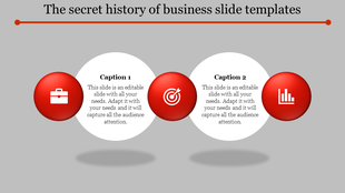 Slide with two text areas and three red circular icons representing business concepts briefcase, target, and analytics.