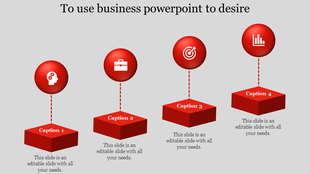 Business themed slide with red spheres and icons for strategy, tools, goals, and analytics, each below with placeholders.