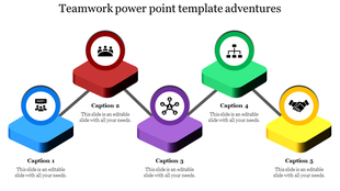 Teamwork slide featuring a connected flow of five blocks with distinct icons for communication, teamwork, and collaboration.