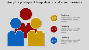 Colorful human shaped icons in red, blue, and yellow with captions and percentage markers on a gray background.