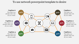 Central network icon connected to multiple devices, with colored circular nodes showing percentages on outer sides.