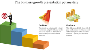 Business growth concept with a three-step block structure leading to a man holding a target icon.