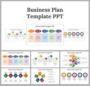 A series of business plan slides with colorful flowcharts, representing sections with various layout designs and icons.