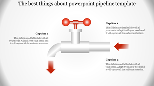 Pipeline infographic featuring a red valve at the center, with arrows indicating flow directions and captions around it.