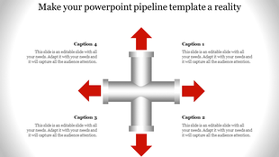 PowerPoint slide with a pipeline design, featuring arrows pointing in four directions, each with a caption.