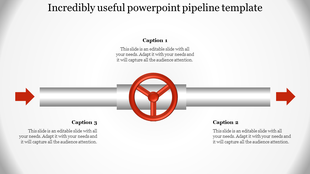 Pipeline-themed slide with a red control valve in the center of a gray pipe, flanked by arrows and caption areas. 